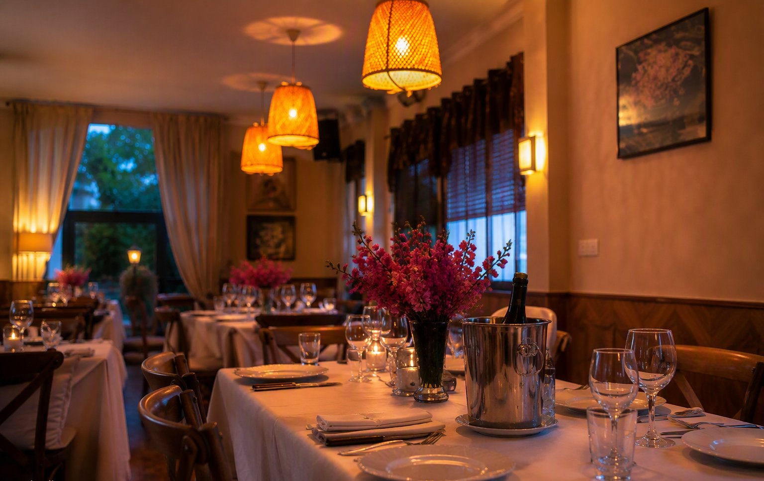 The dining room set for the evening